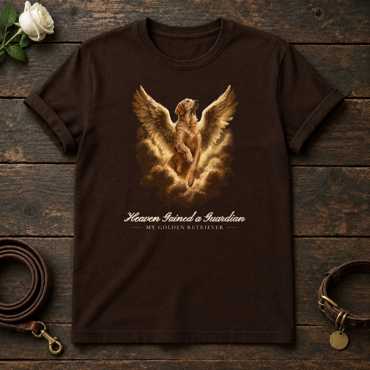 Heaven Gained a Guardian – Winged Golden Retriever Memorial Tee in Dark Chocolate