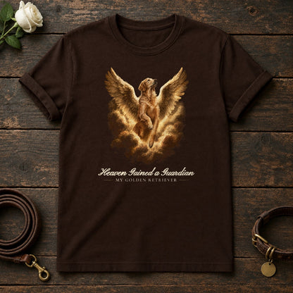 Heaven Gained a Guardian – Winged Golden Retriever Memorial Tee in Dark Chocolate