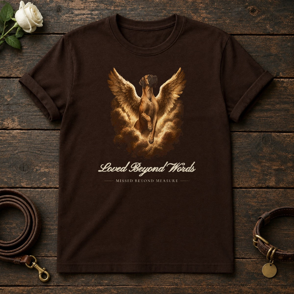 Loved Beyond Words – Winged Great Dane Memorial Tee in Dark Chocolate