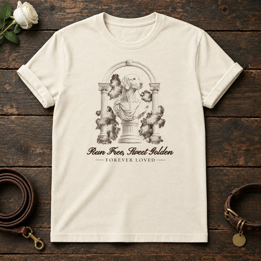 Run Free, Sweet Golden – Roman Arch Golden Retriever Memorial Tee in Natural