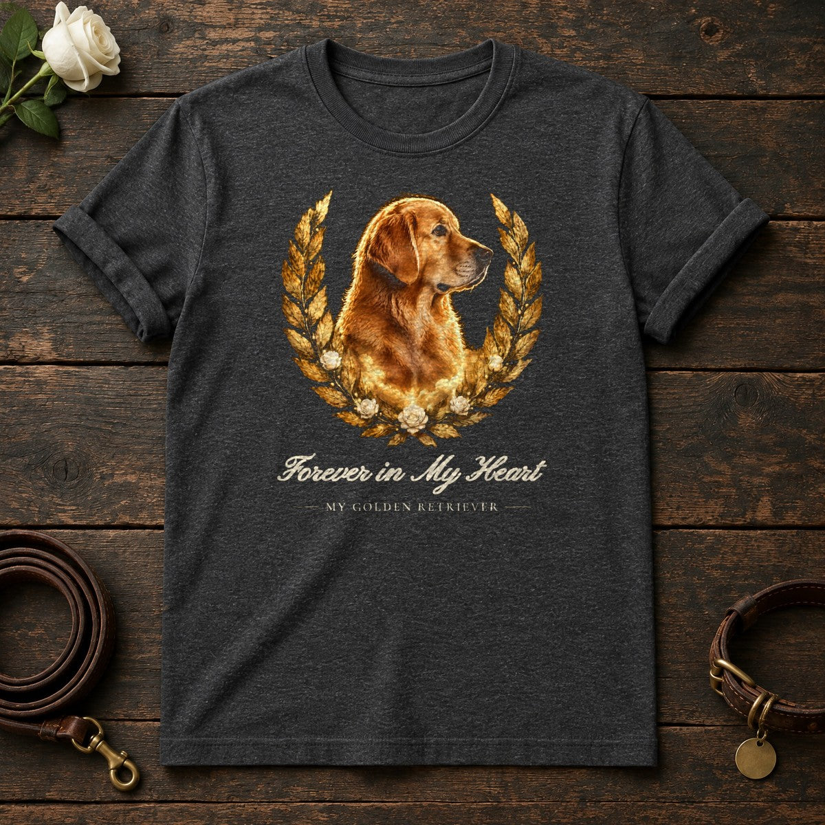 Forever in My Heart – Laurel Golden Retriever Memorial Tee in Dark Heather