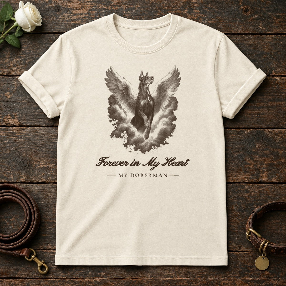 Forever in My Heart – Winged Doberman Memorial Tee in Natural