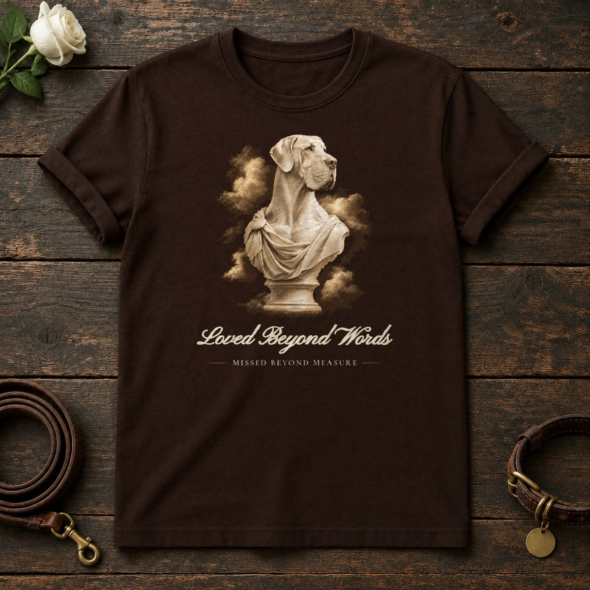 Loved Beyond Words – Marble Great Dane Memorial Tee in Dark Chocolate