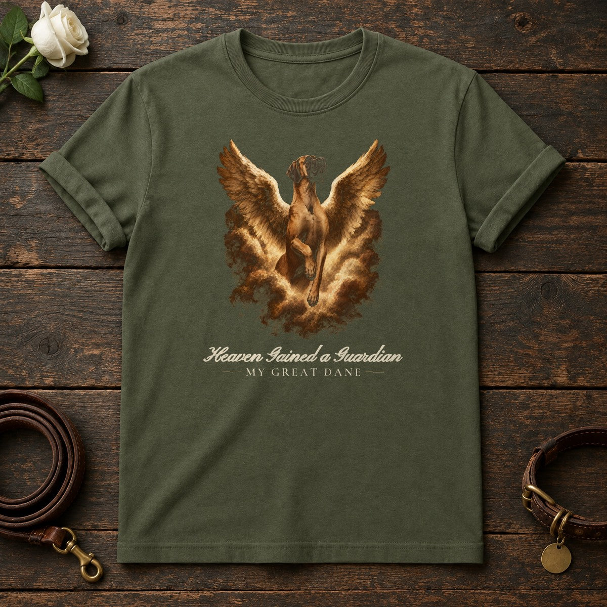Heaven Gained a Guardian – Winged Great Dane Memorial Tee in Military Green