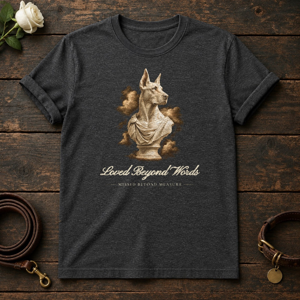 Loved Beyond Words – Marble Doberman Memorial Tee in Dark Heather