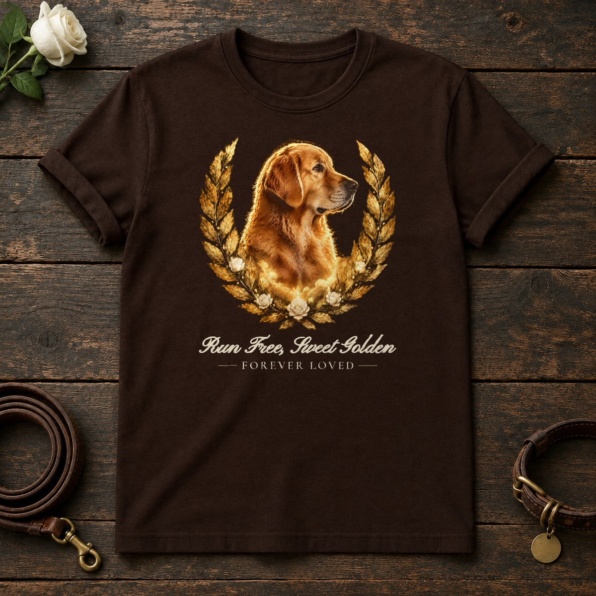 Run Free, Sweet Golden – Laurel Golden Retriever Memorial Tee in Dark Chocolate