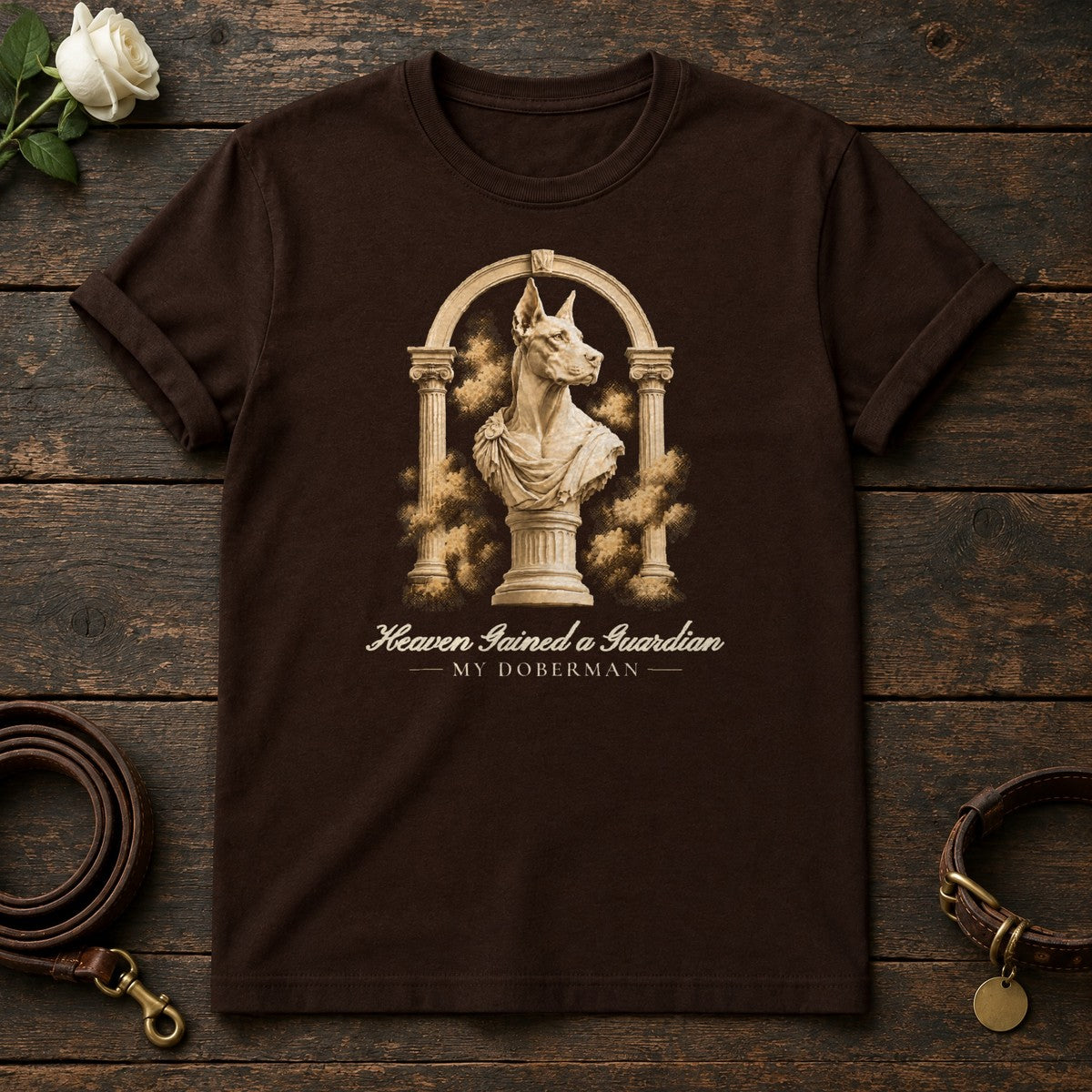 Heaven Gained a Guardian – Roman Arch Doberman Memorial Tee in Dark Chocolate