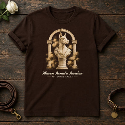Heaven Gained a Guardian – Roman Arch Doberman Memorial Tee in Dark Chocolate