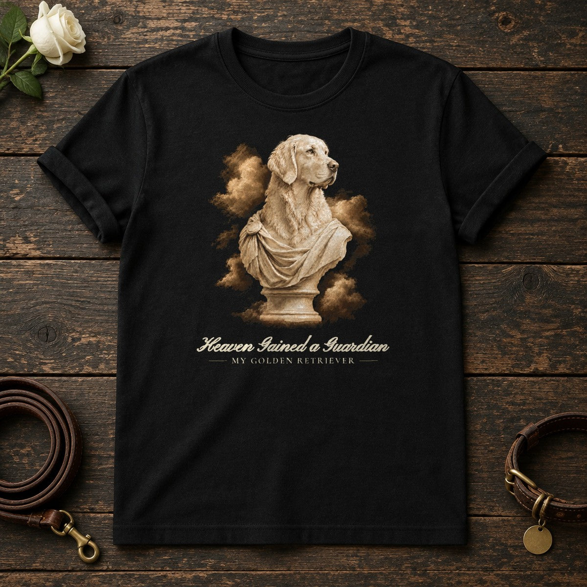 Heaven Gained a Guardian – Marble Golden Retriever Memorial Tee in Black