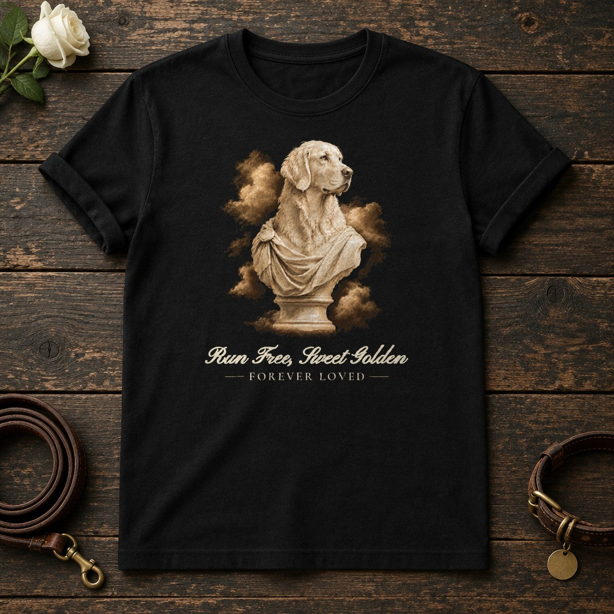 Run Free, Sweet Golden – Marble Golden Retriever Memorial Tee in Black