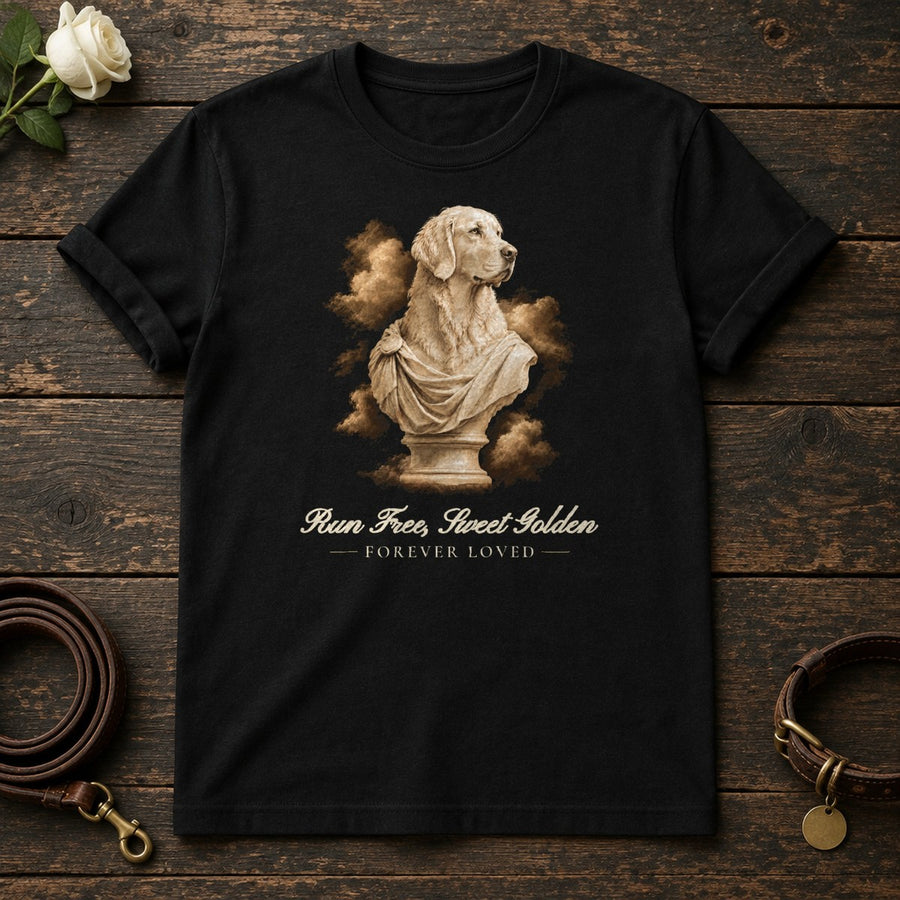 Run Free, Sweet Golden – Marble Golden Retriever Memorial Tee in Black