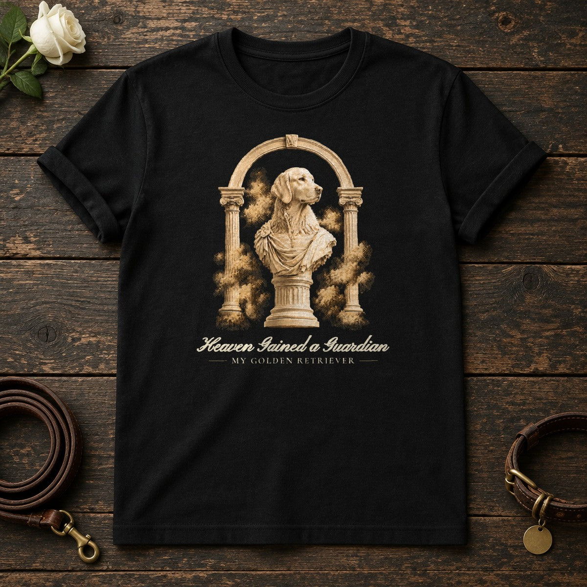 Heaven Gained a Guardian – Roman Arch Golden Retriever Memorial Tee in Black