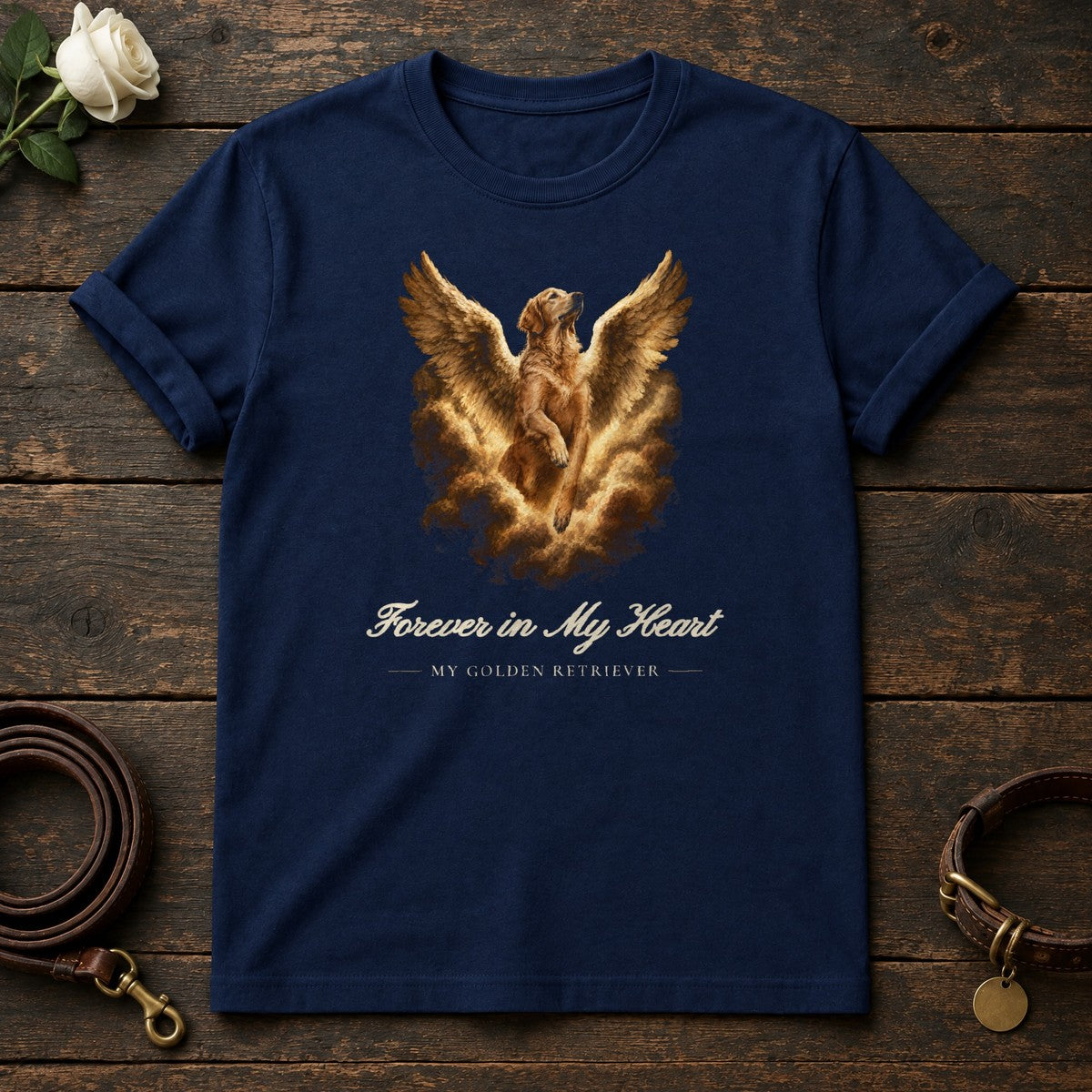 Forever in My Heart – Winged Golden Retriever Memorial Tee in Navy