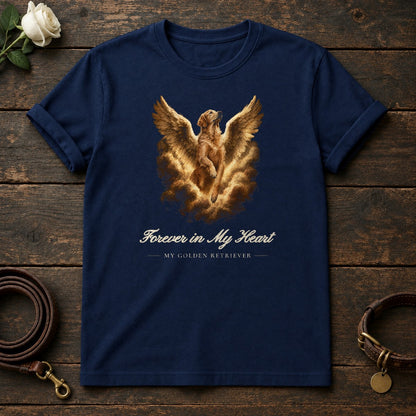 Forever in My Heart – Winged Golden Retriever Memorial Tee in Navy