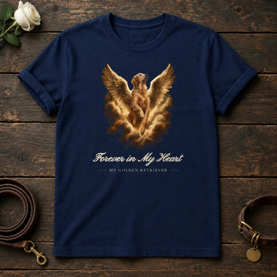 Forever in My Heart – Winged Golden Retriever Memorial Tee in Navy