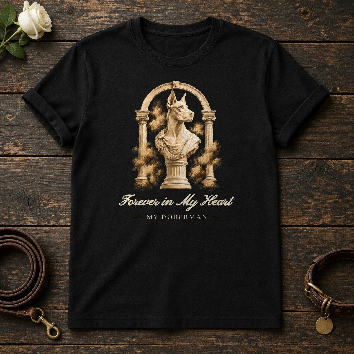Forever in My Heart – Roman Arch Doberman Memorial Tee in Black