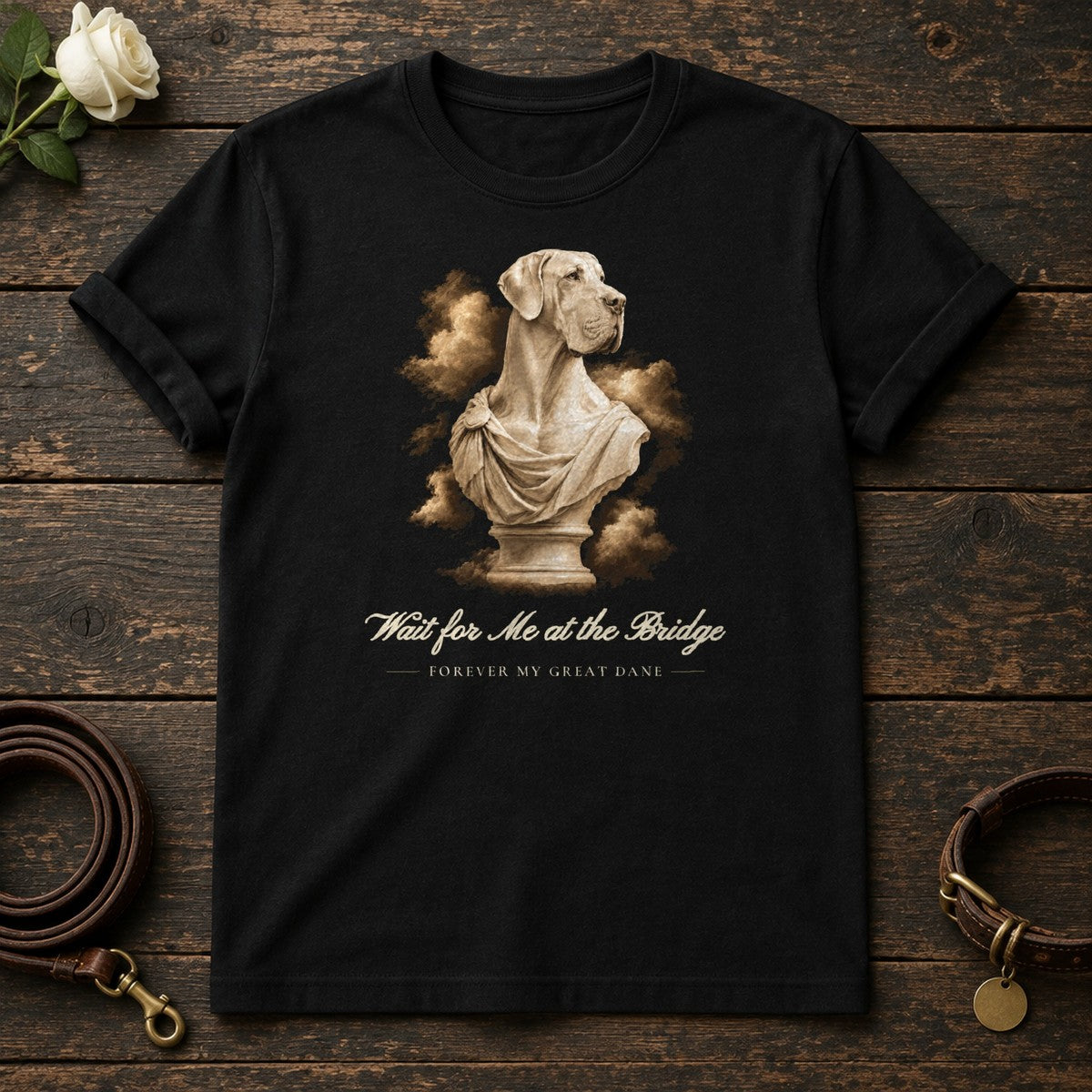 Wait for Me at the Bridge – Marble Great Dane Memorial Tee in Black