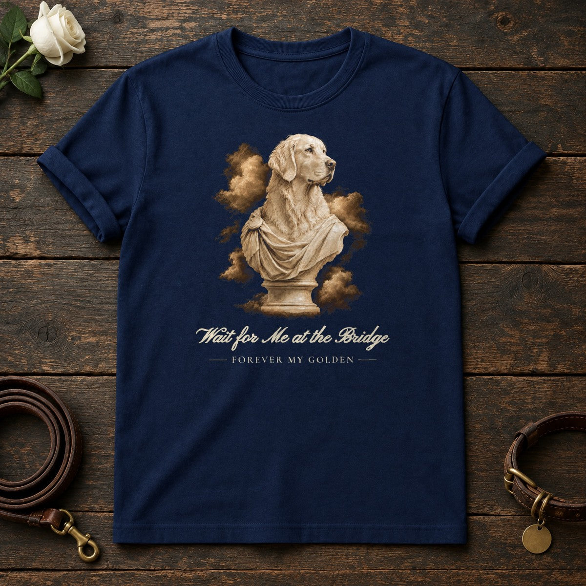 Wait for Me at the Bridge – Marble Golden Retriever Memorial Tee in Navy
