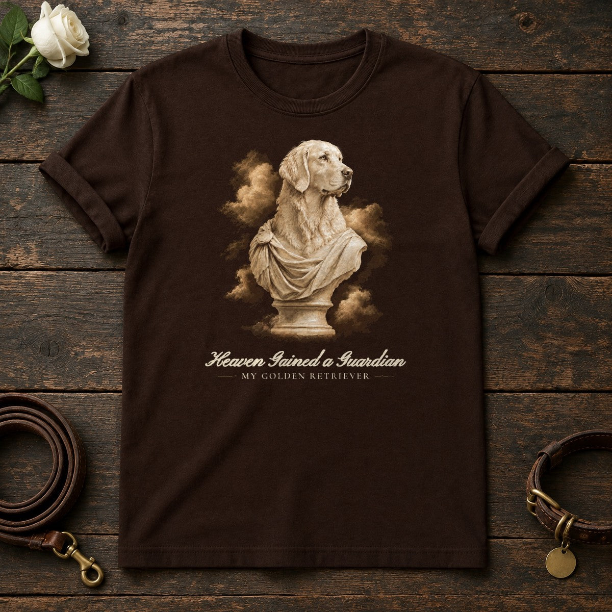 Heaven Gained a Guardian – Marble Golden Retriever Memorial Tee in Dark Chocolate