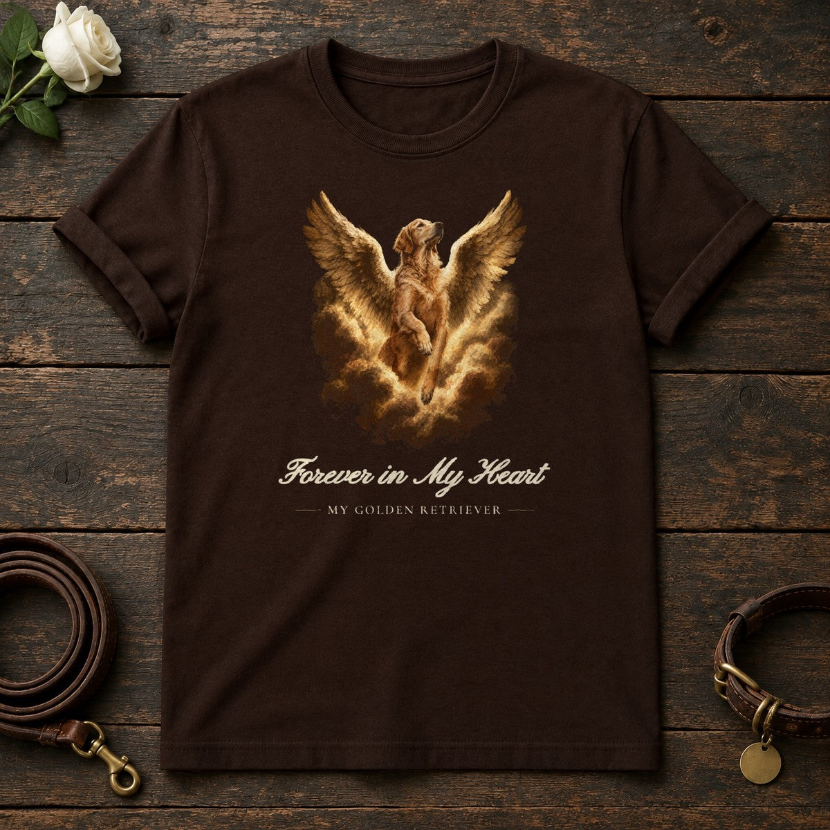 Forever in My Heart – Winged Golden Retriever Memorial Tee in Dark Chocolate
