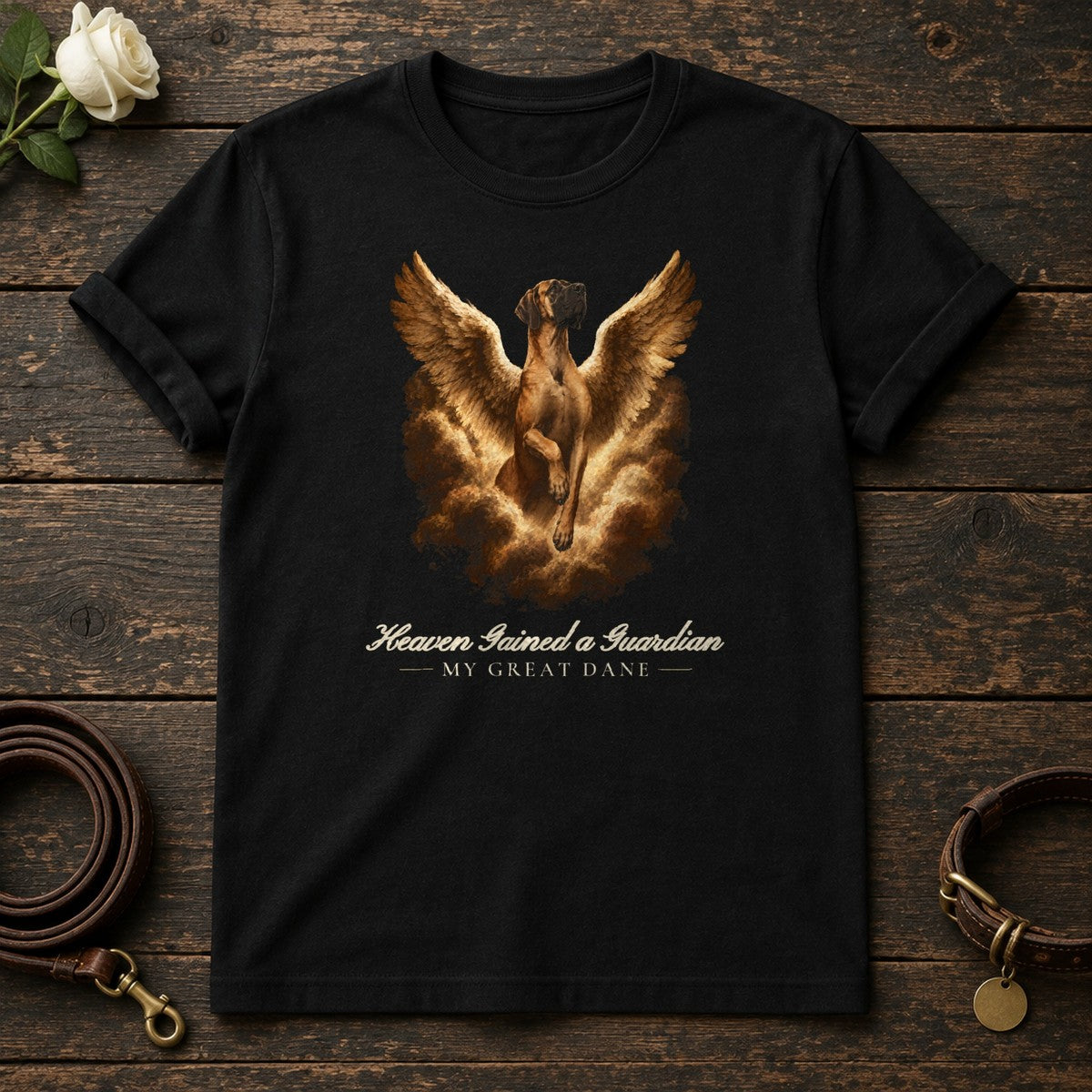 Heaven Gained a Guardian – Winged Great Dane Memorial Tee in Black
