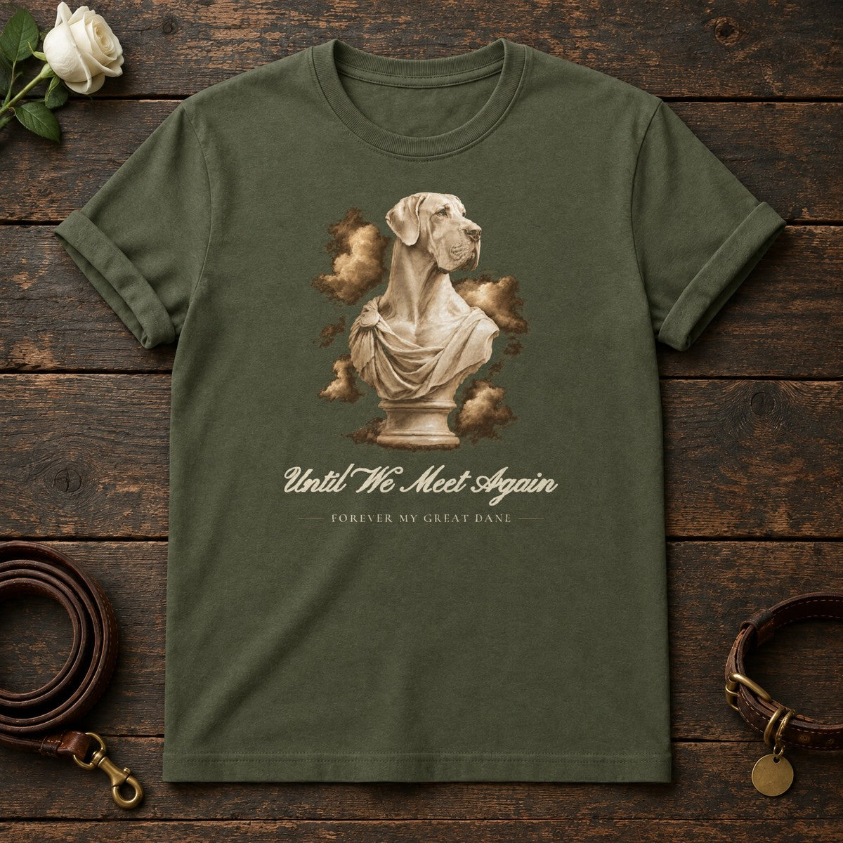 Until We Meet Again – Marble Great Dane Memorial Tee in Military Green
