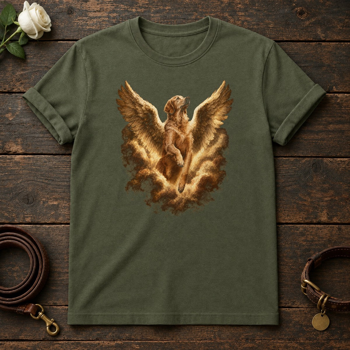 Golden Retriever Guardian Angel Tee in Military Green