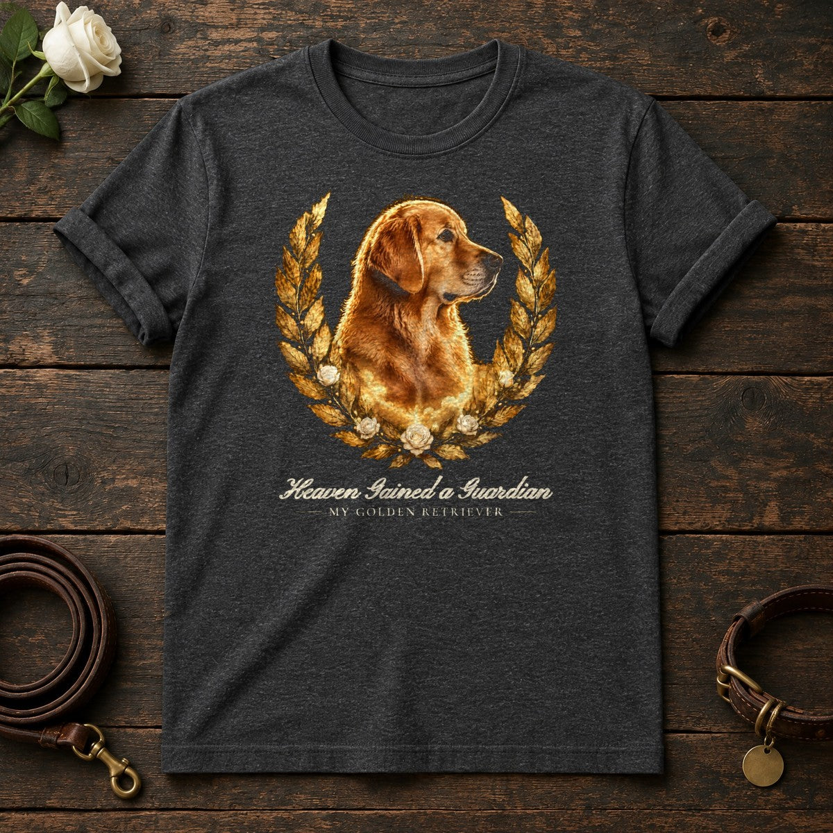 Heaven Gained a Guardian – Laurel Golden Retriever Memorial Tee in Dark Heather