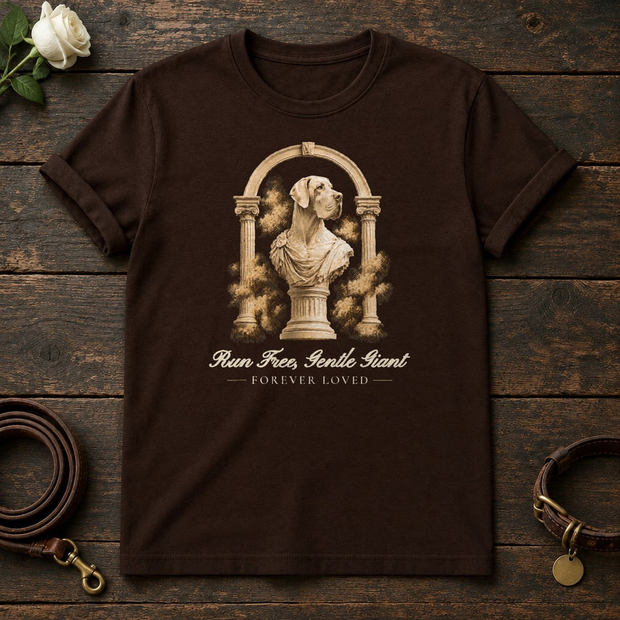 Run Free, Gentle Giant – Roman Arch Great Dane Memorial Tee in Dark Chocolate