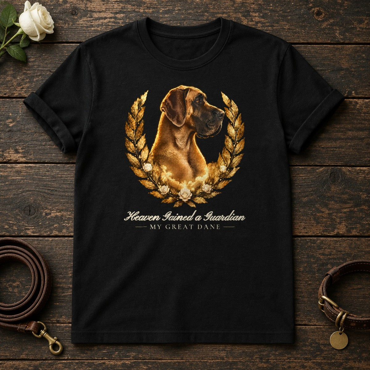 Heaven Gained a Guardian – Laurel Great Dane Memorial Tee in Black