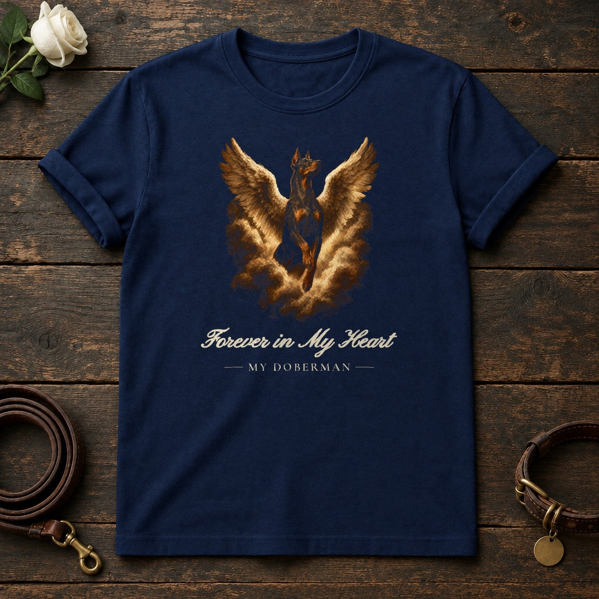 Forever in My Heart – Winged Doberman Memorial Tee in Navy
