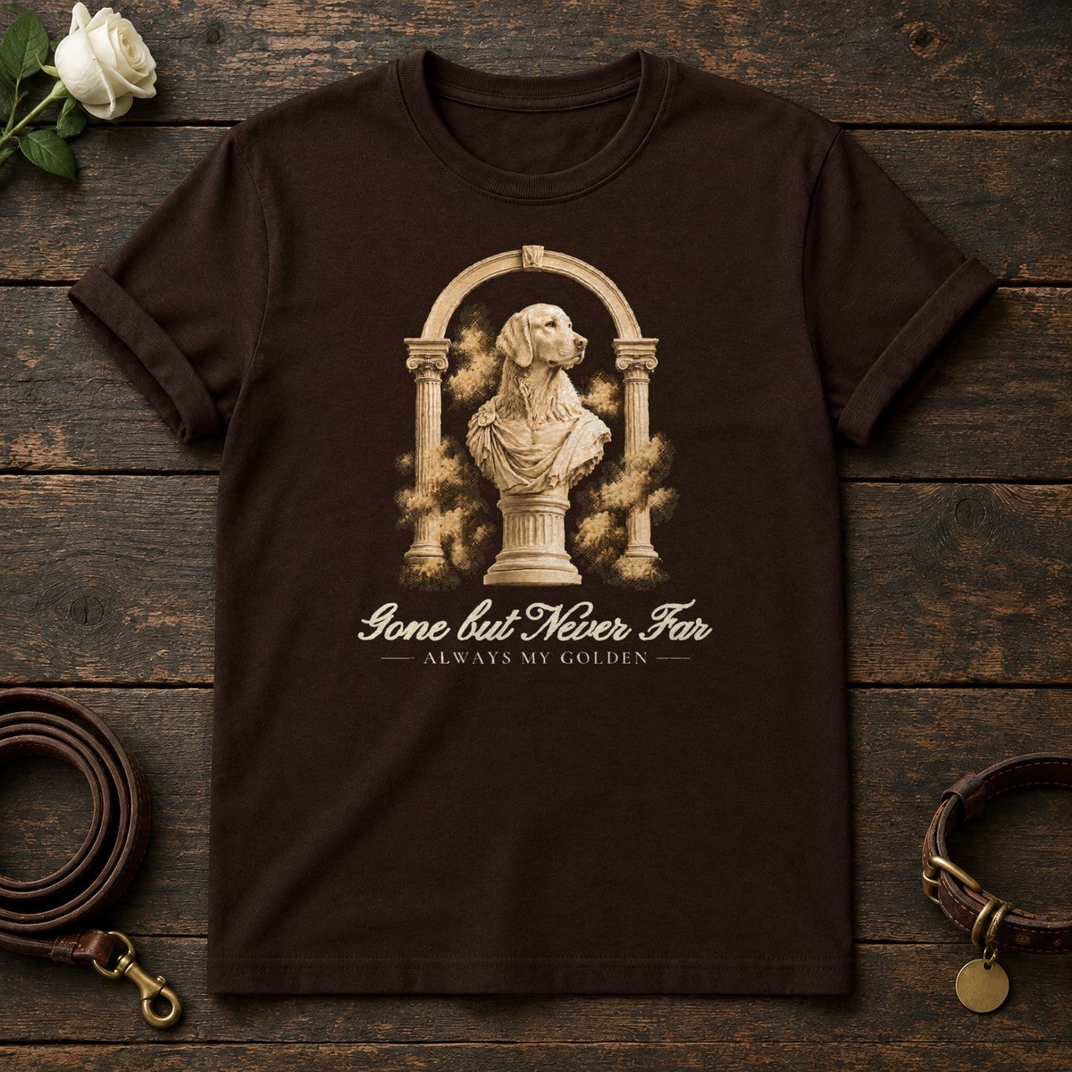 Gone but Never Far – Roman Arch Golden Retriever Memorial Tee in Dark Chocolate