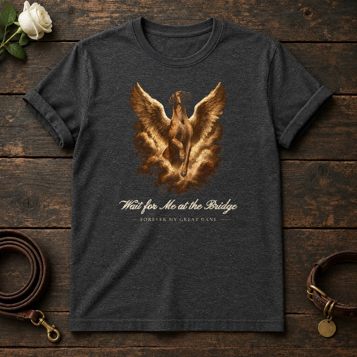Wait for Me at the Bridge – Winged Great Dane Memorial Tee in Dark Heather