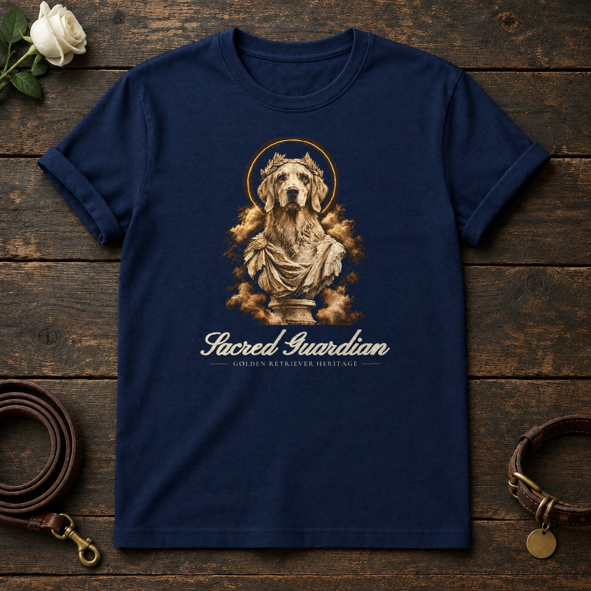 Sacred Guardian Golden Retriever Tee in Navy