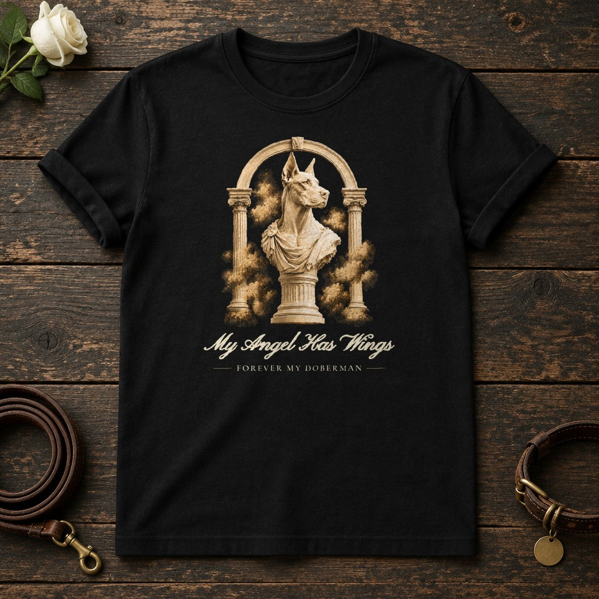 My Angel Has Wings – Roman Arch Doberman Memorial Tee in Black