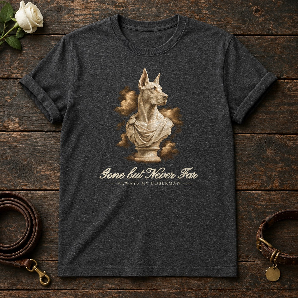 Gone but Never Far – Marble Doberman Memorial Tee in Dark Heather