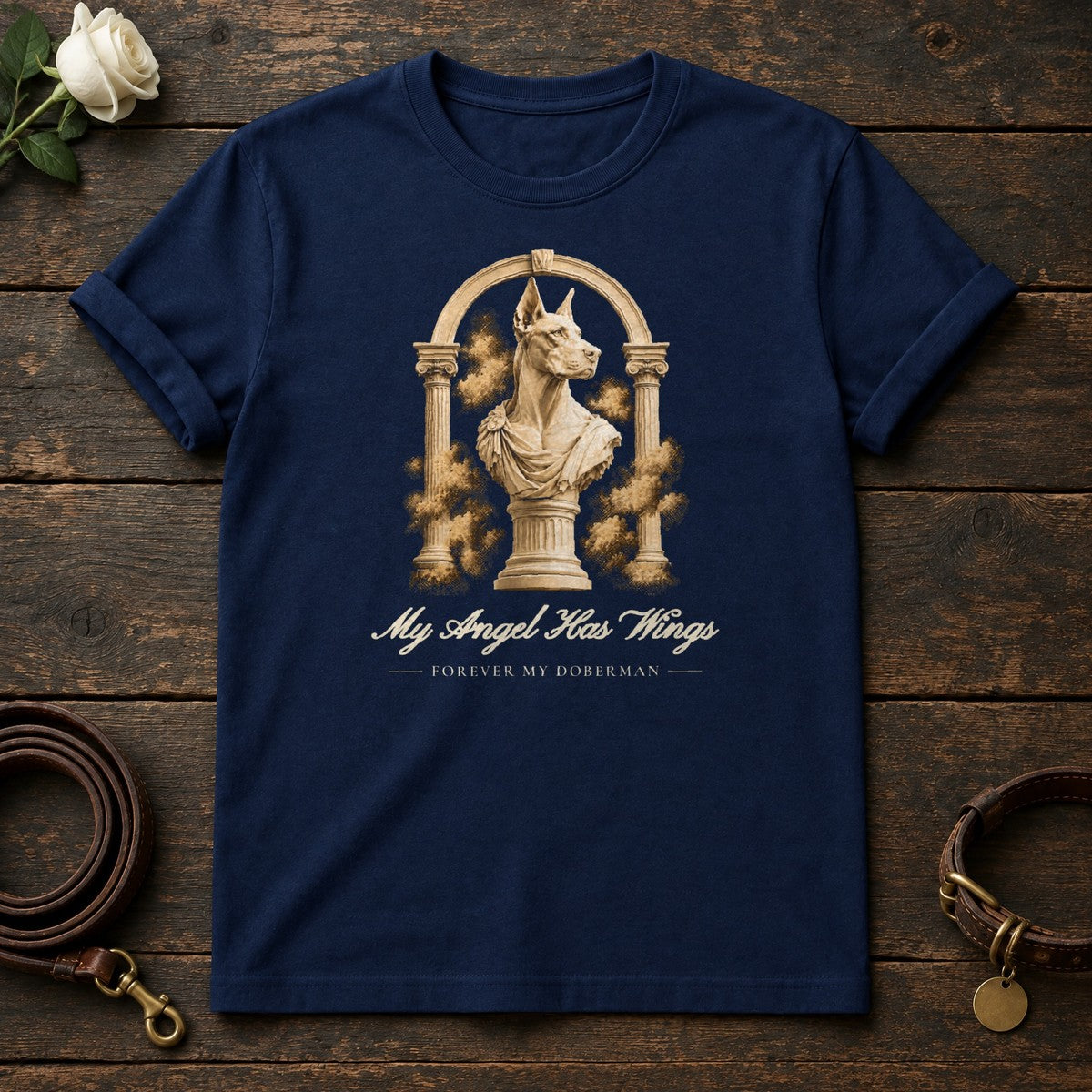 My Angel Has Wings – Roman Arch Doberman Memorial Tee in Navy