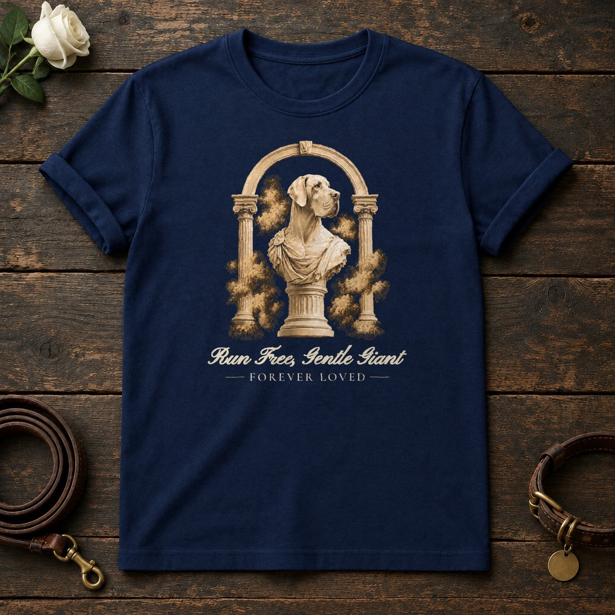 Run Free, Gentle Giant – Roman Arch Great Dane Memorial Tee in Navy