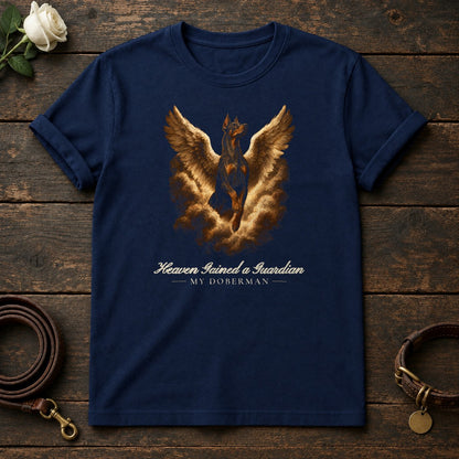 Heaven Gained a Guardian – Winged Doberman Memorial Tee in Navy